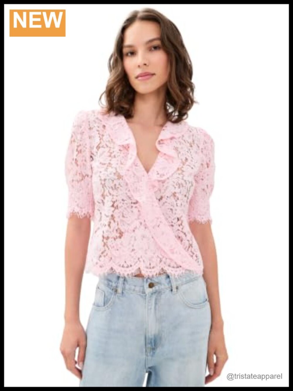 Lace Ruffle Blouse V-Neck Short Puff Sleeves Floral